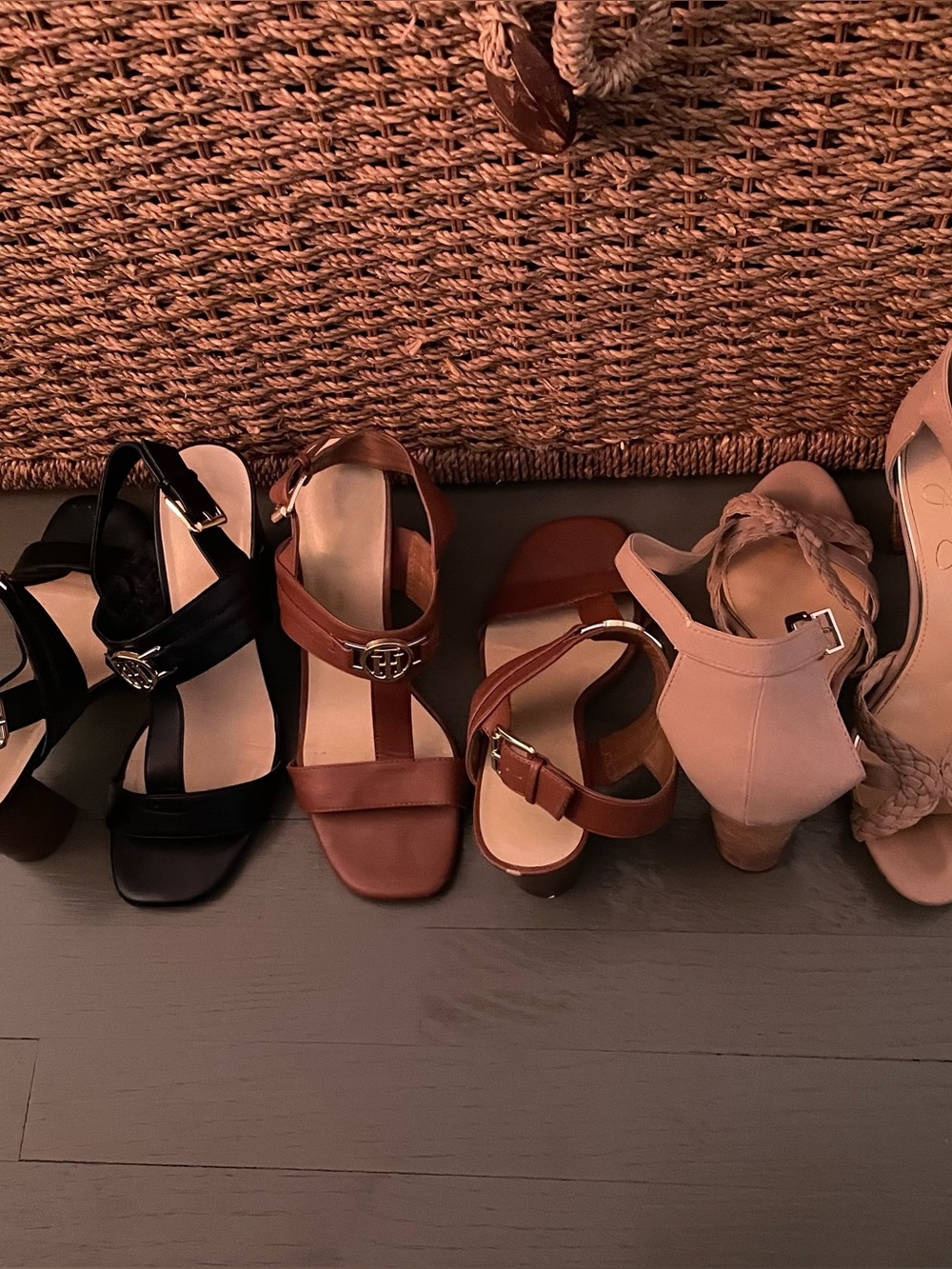 Tommy Hilfiger Mixed Neutral Block Heel Sandals - Black, Brown, and Tan bundle